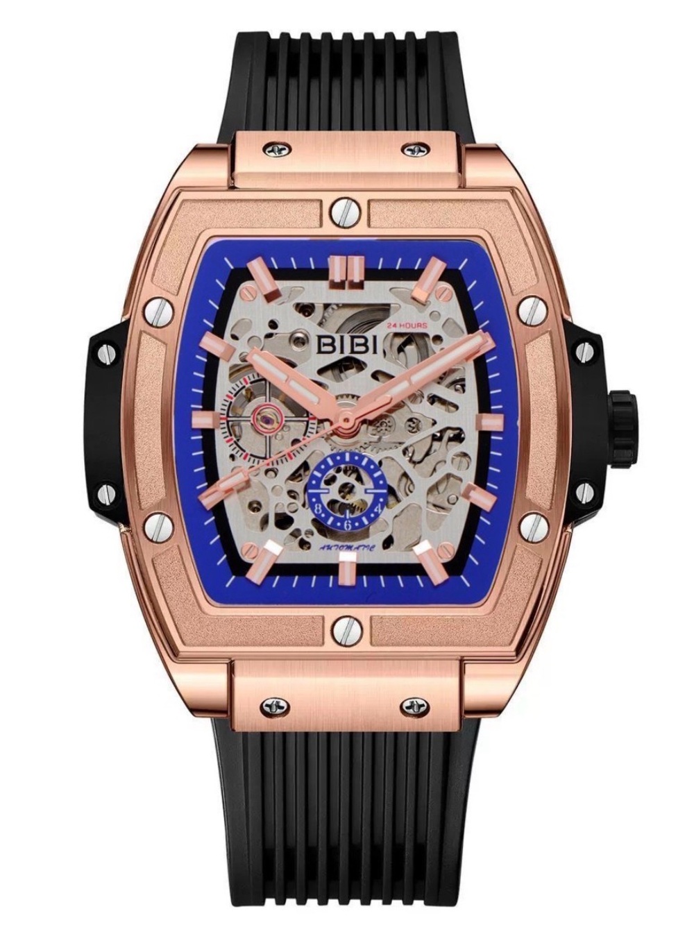 BiBi Rose Gold Watch with Blue Accents and Black Strap